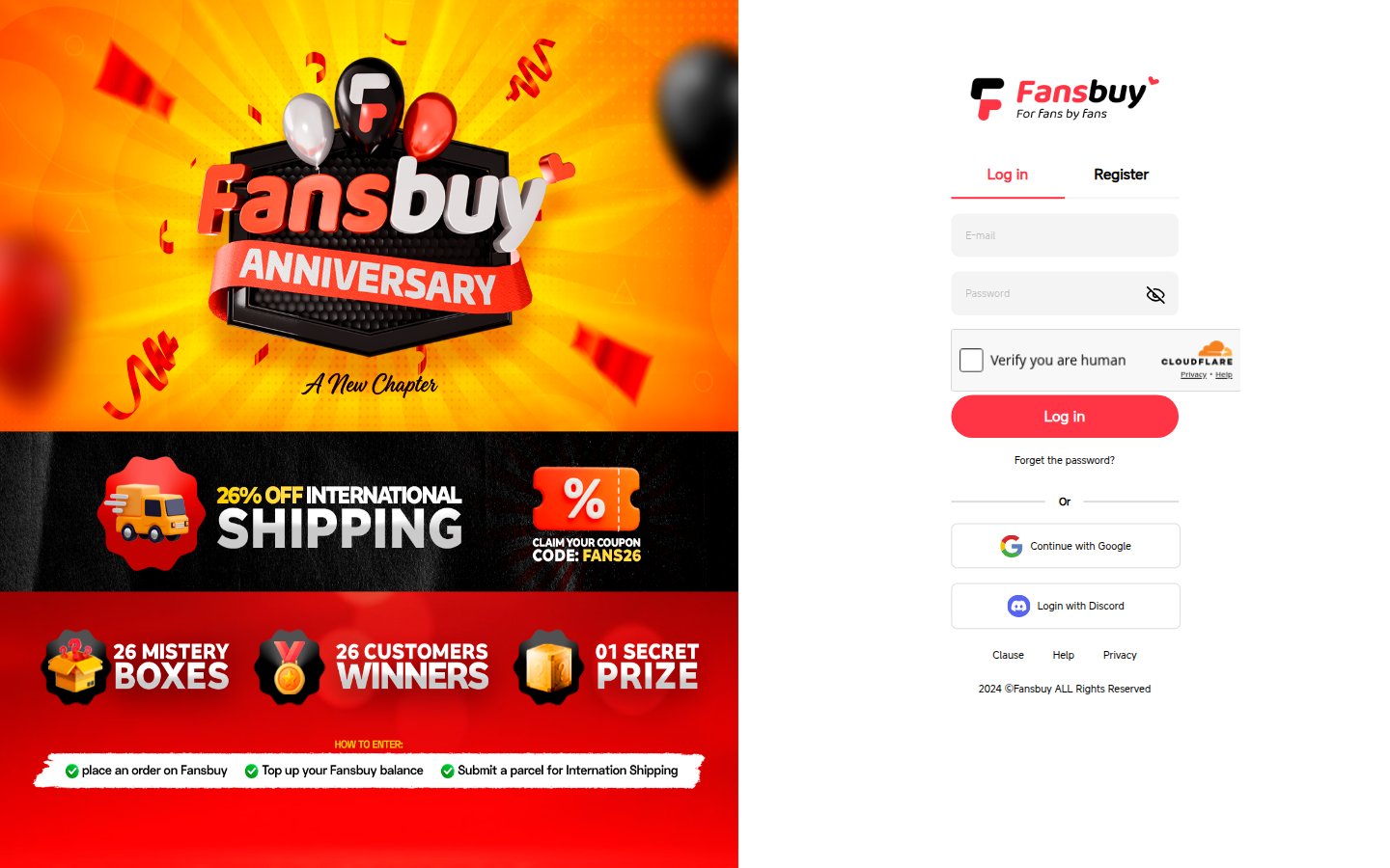 FansBuy DIY Order opende Sign In / Register op /login?redirect=/order/manual
