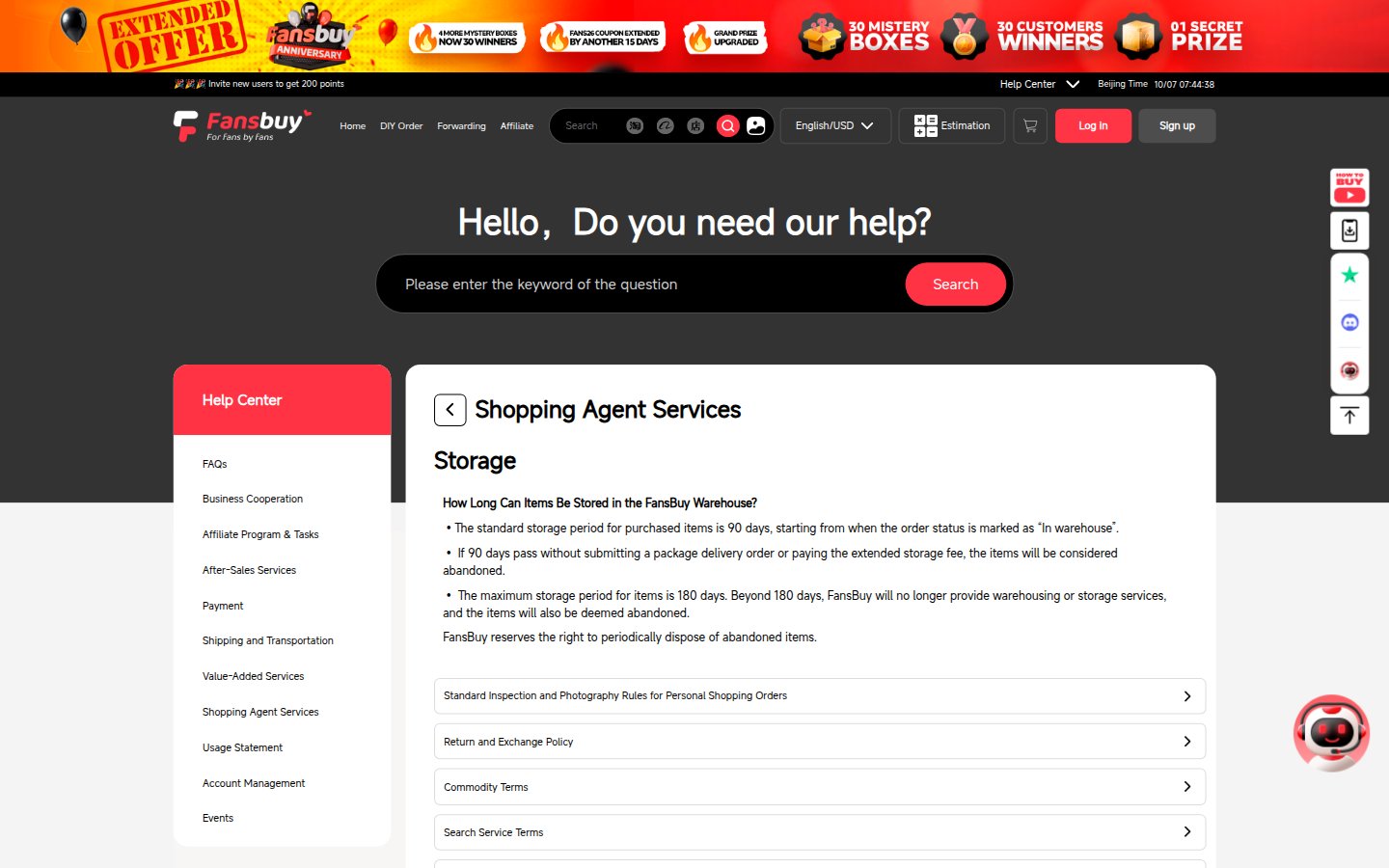 Officiële FansBuy-homepage, stap QC & Storage: 90 free warehouse days; CN¥ 0.1/item/day after, max 180 days
