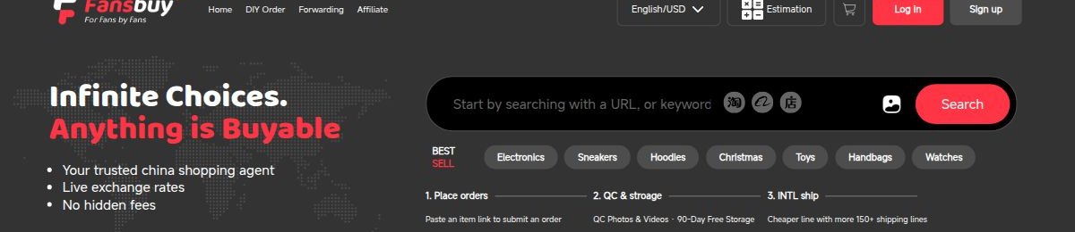 Officiële FansBuy-plakbalk: Goods/shop's link or name en de drie stappen eronder